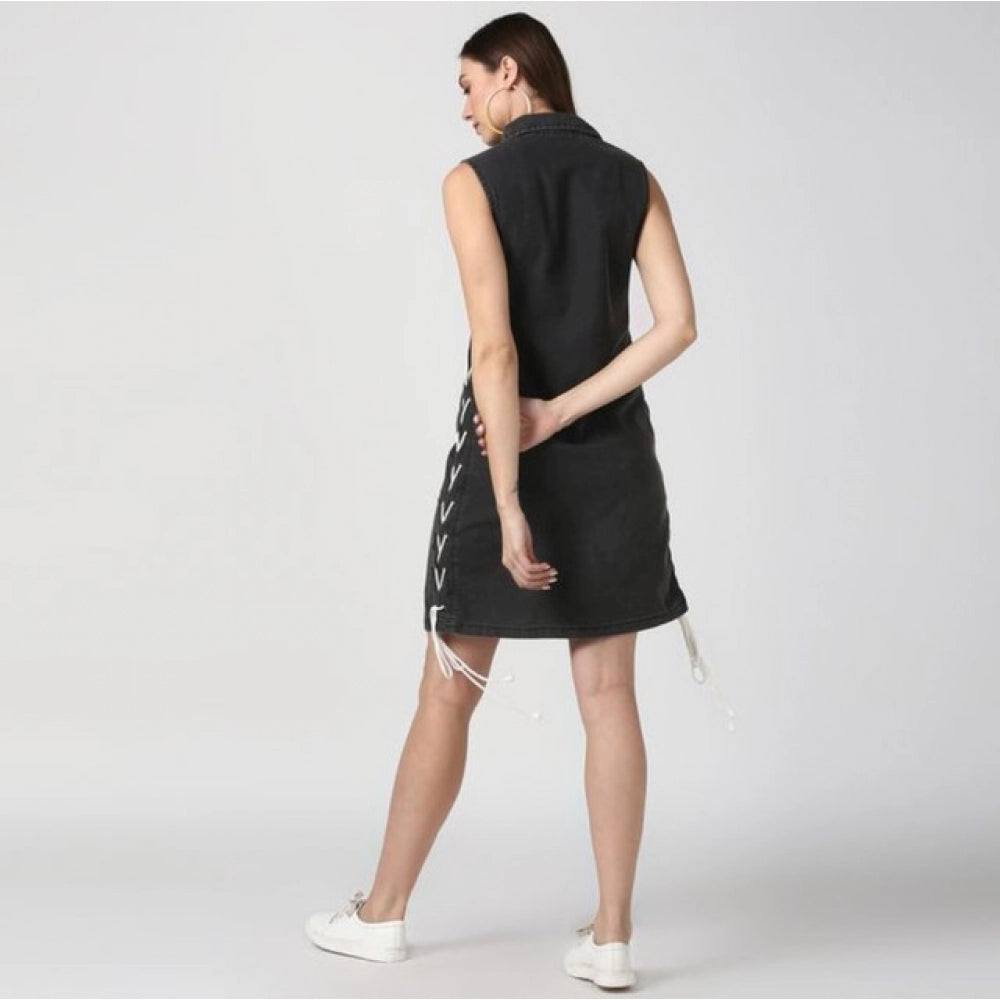 Women'S Denim Solid Sleeveless Dress (Black)