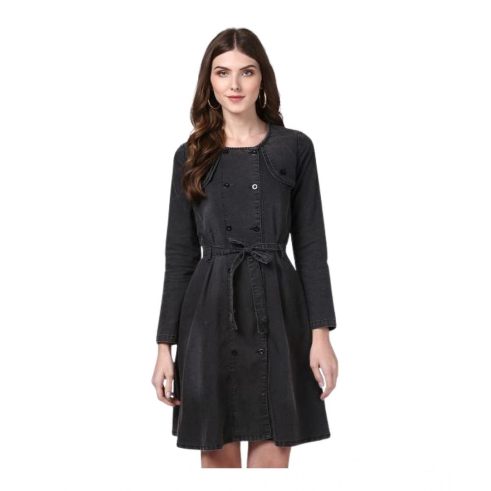 Women'S Denim Washed Long Sleeves Dress (Black)