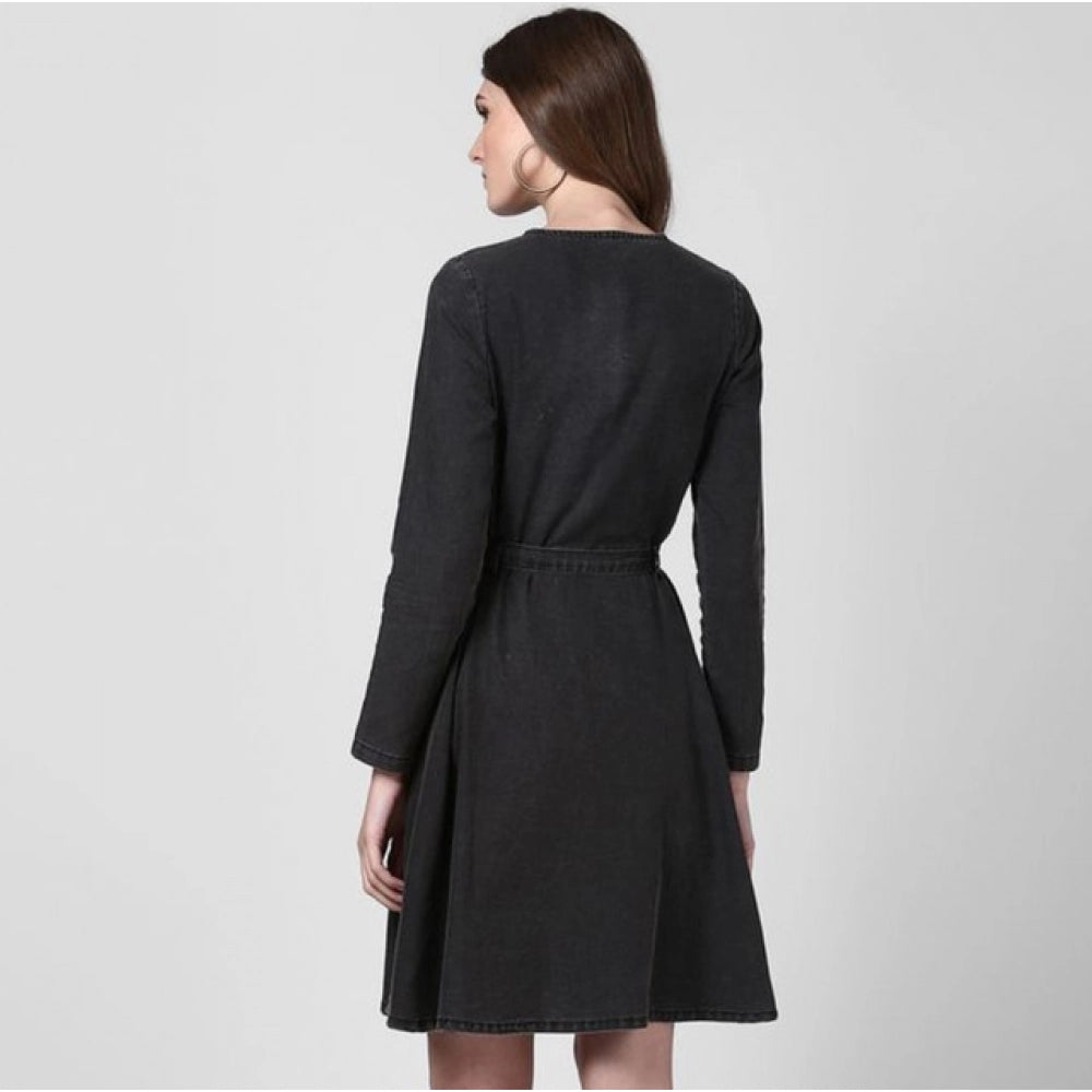 Women'S Denim Washed Long Sleeves Dress (Black)