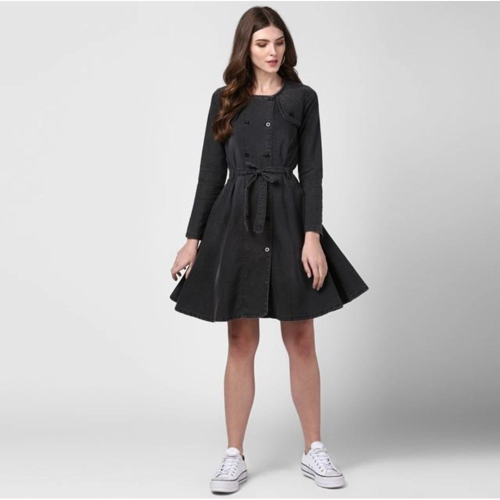 Women'S Denim Washed Long Sleeves Dress (Black)