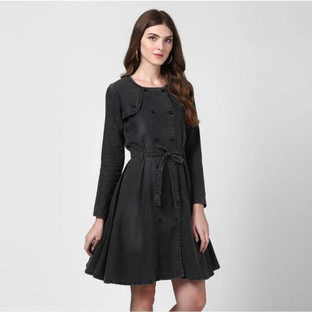 Women'S Denim Washed Long Sleeves Dress (Black)
