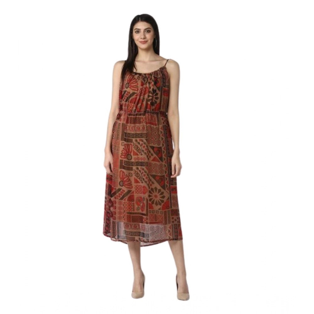 Women'S Polyester Printed Shoulder Straps Dress (Maroon - Brow