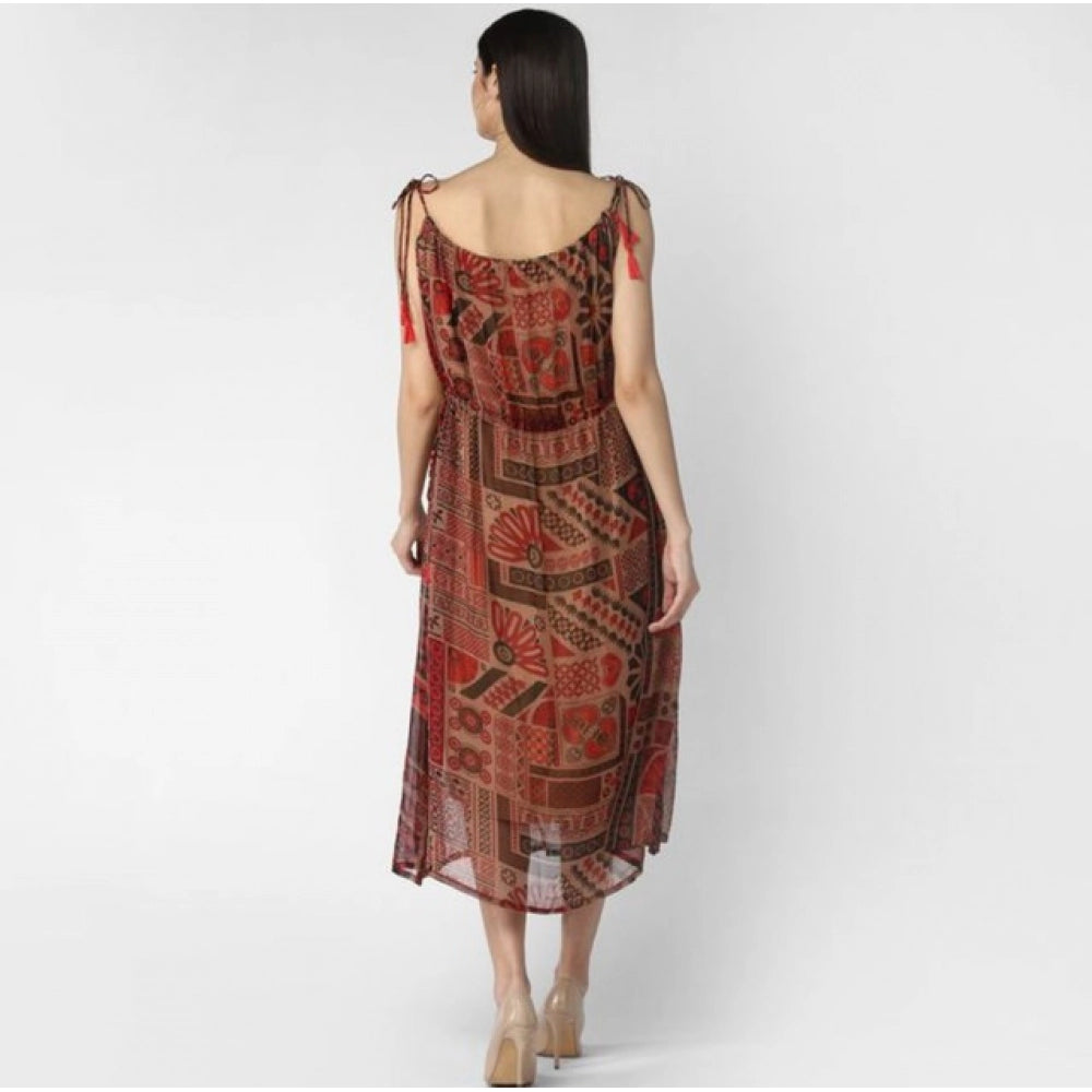 Women'S Polyester Printed Shoulder Straps Dress (Maroon - Brow