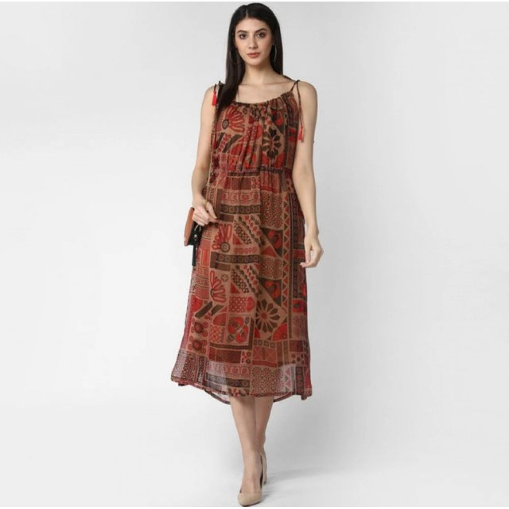 Women'S Polyester Printed Shoulder Straps Dress (Maroon - Brow