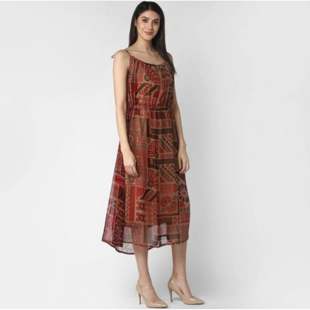Women'S Polyester Printed Shoulder Straps Dress (Maroon - Brow