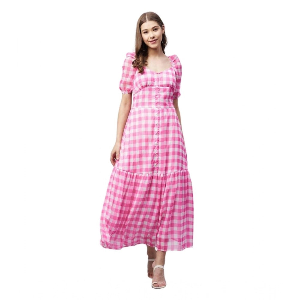 Women'S Polyester Georgette Checkered Half Sleeve Dress (Pink)