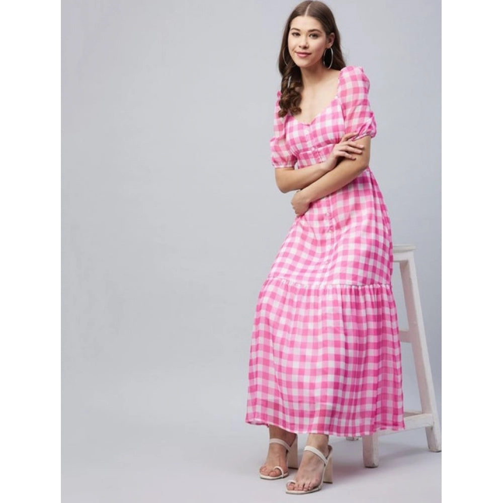 Women'S Polyester Georgette Checkered Half Sleeve Dress (Pink)