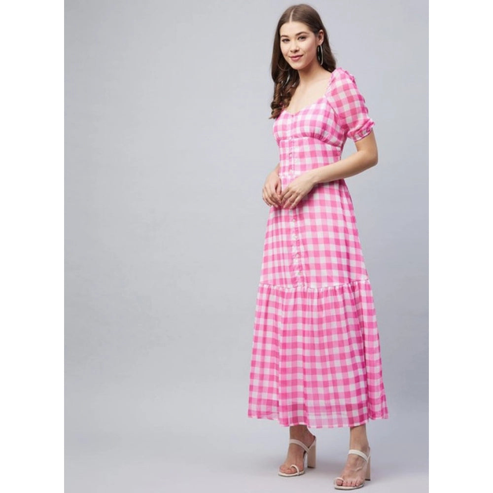 Women'S Polyester Georgette Checkered Half Sleeve Dress (Pink)