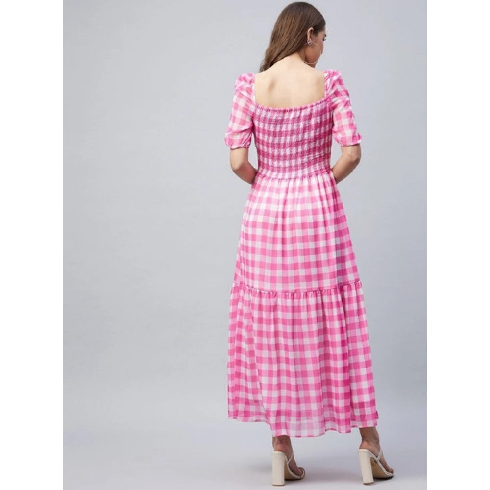 Women'S Polyester Georgette Checkered Half Sleeve Dress (Pink)
