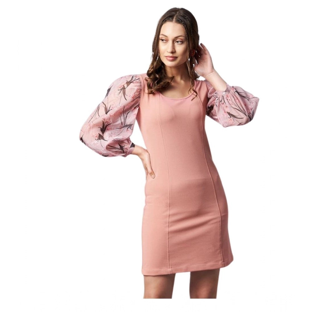 Women'S Polyester Lycra And Organza Floral Balloon Sleeve Dres