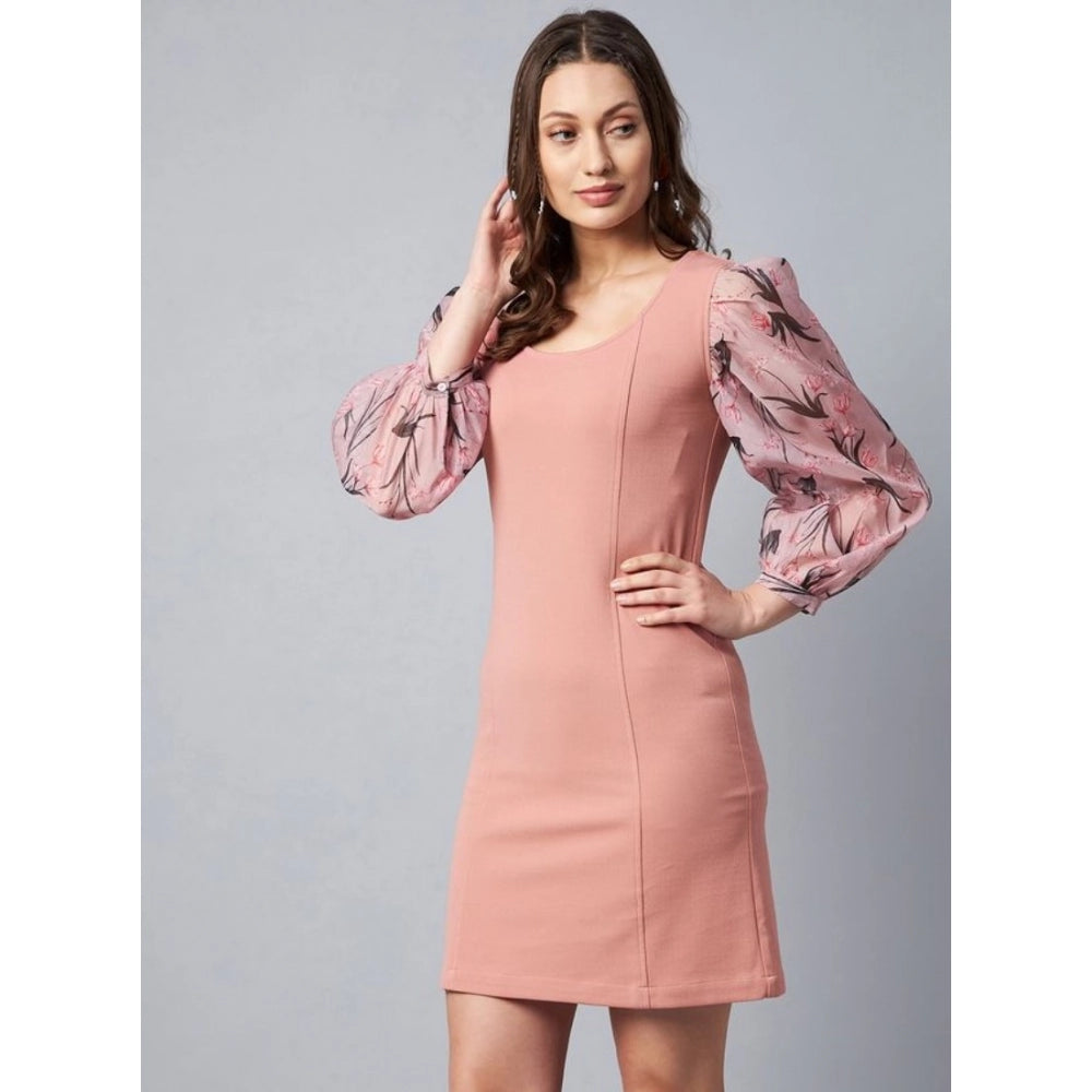 Women'S Polyester Lycra And Organza Floral Balloon Sleeve Dres