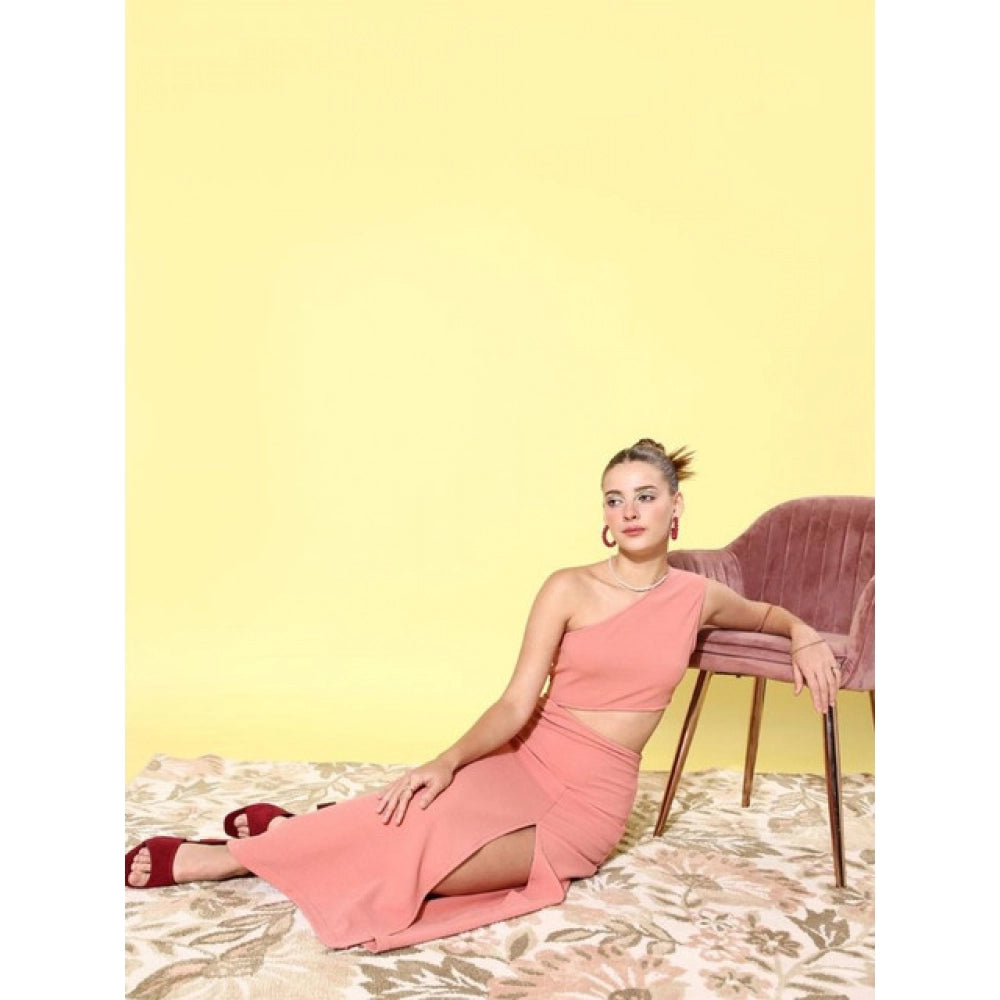 Women'S Polyester Lycra Solid Sleeveless Dress (Pink)