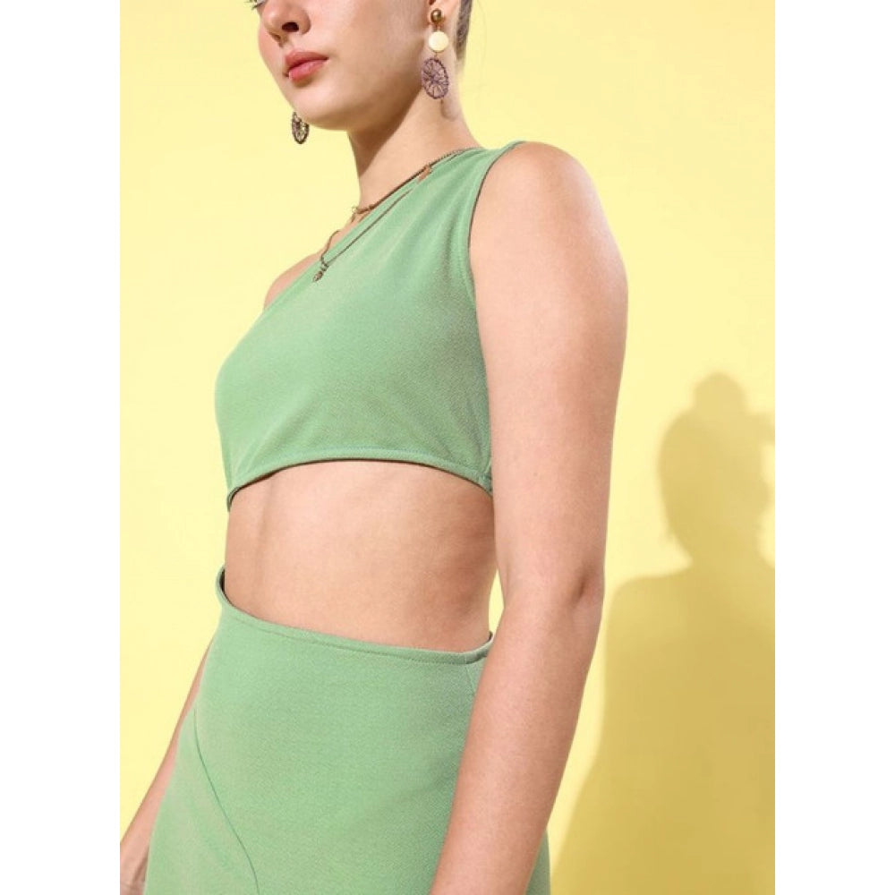 Women'S Polyester Lycra Solid Sleeveless Dress (Green)