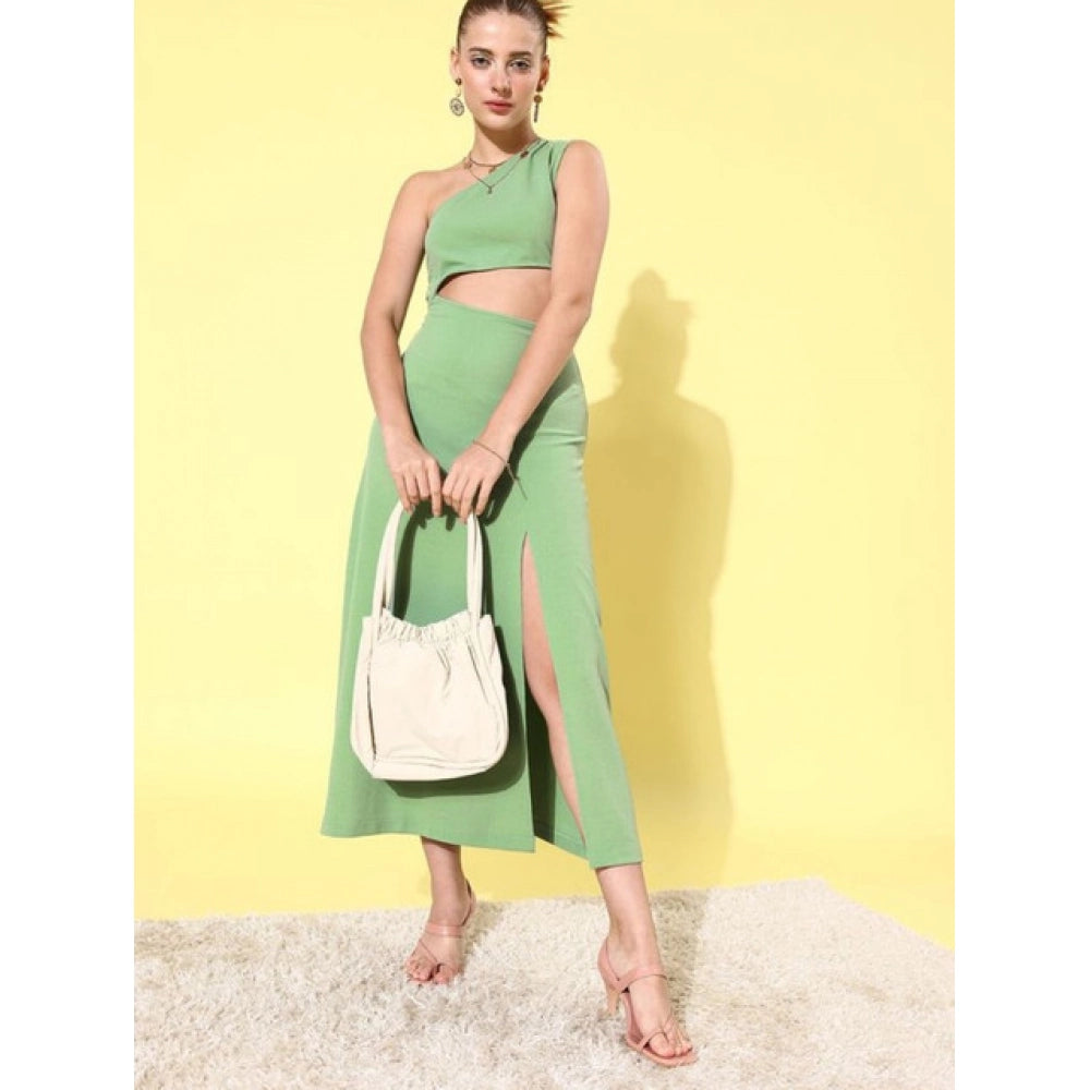 Women'S Polyester Lycra Solid Sleeveless Dress (Green)