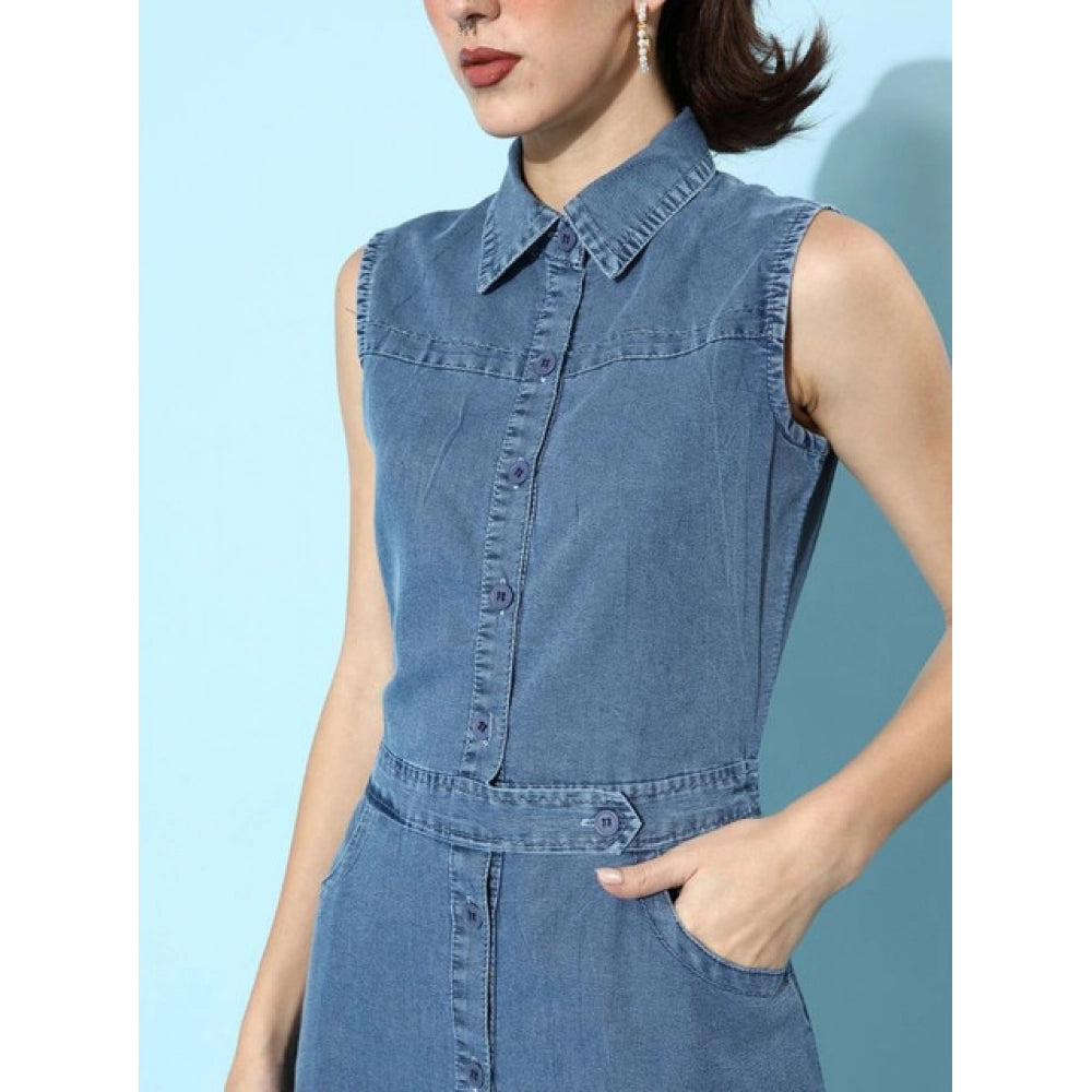 Women'S Denim Solid Sleeveless Dress (Blue)