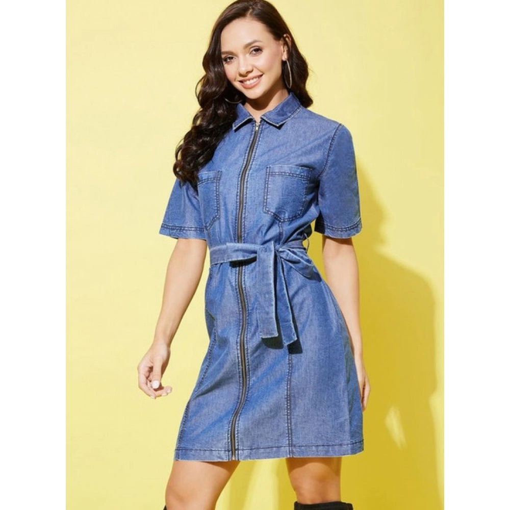 Women'S Denim Solid Half Sleeve Dress (Blue)