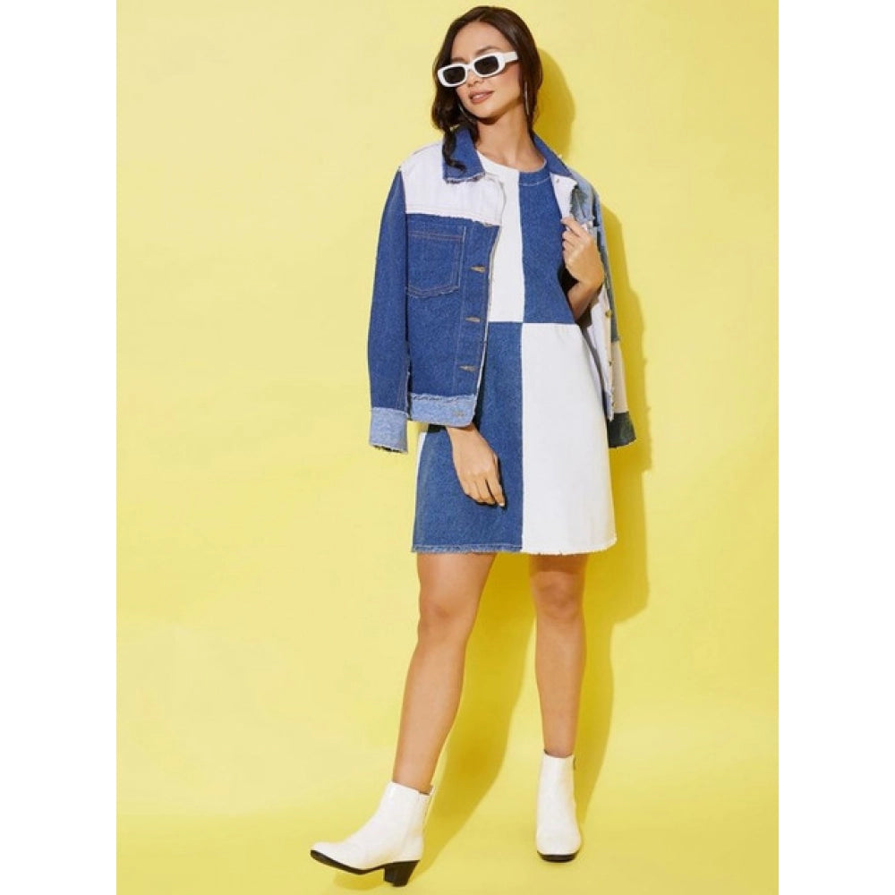 Women'S Denim Color Blocking Sleeveless Dress (Blue)