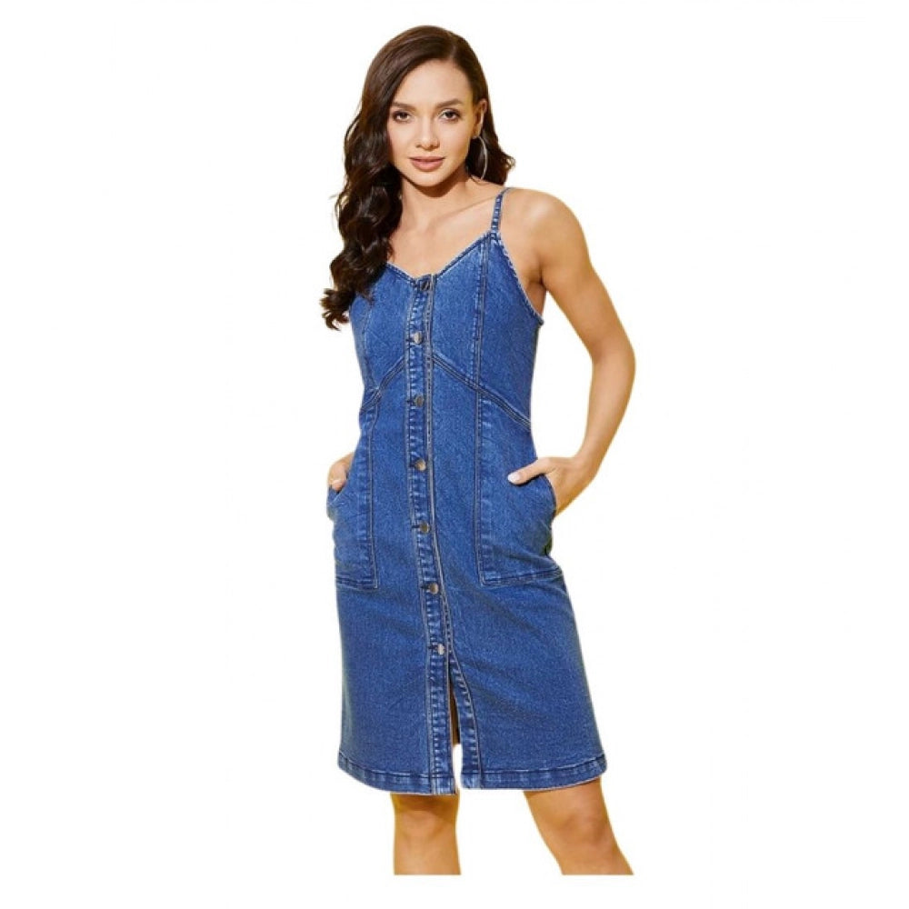 Women'S Denim Washed Shoulder Straps Dress (Blue)