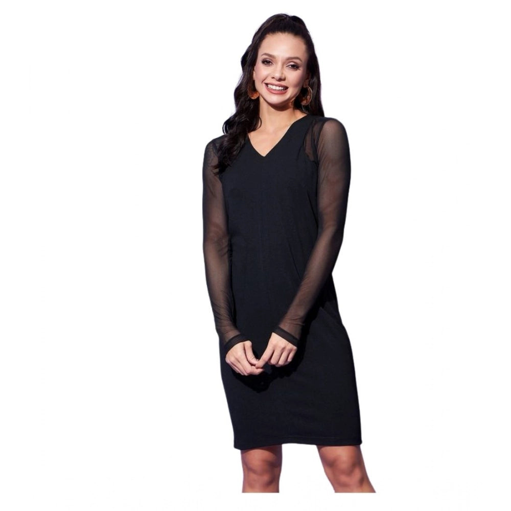Women'S Polyester And Net Solid Long Sleeves Dress (Black)