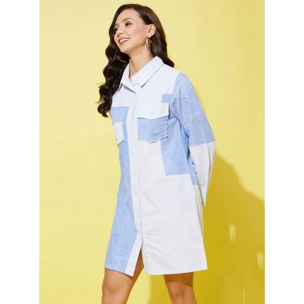 Women'S Denim Solid Long Sleeves Dress (Blue)