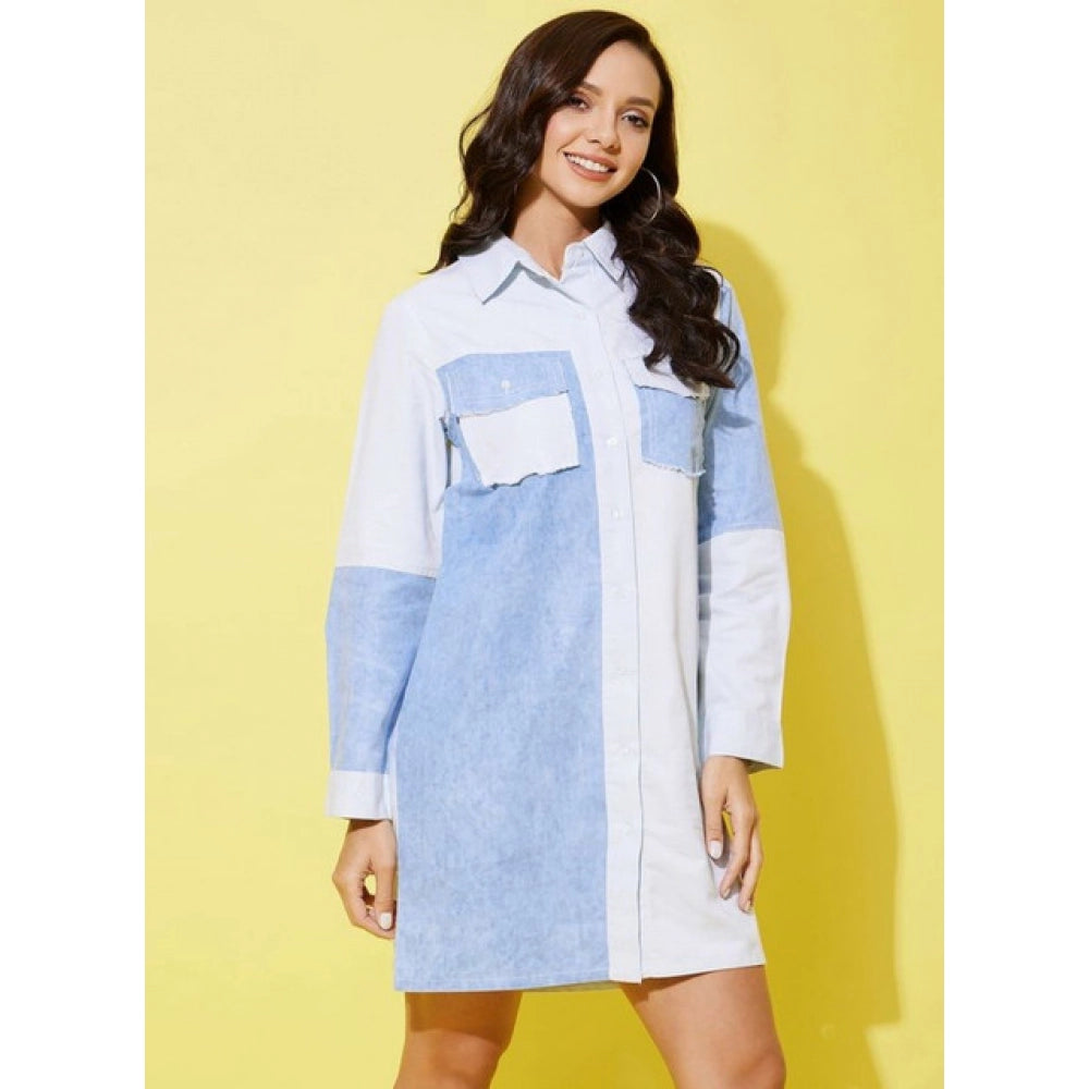 Women'S Denim Solid Long Sleeves Dress (Blue)