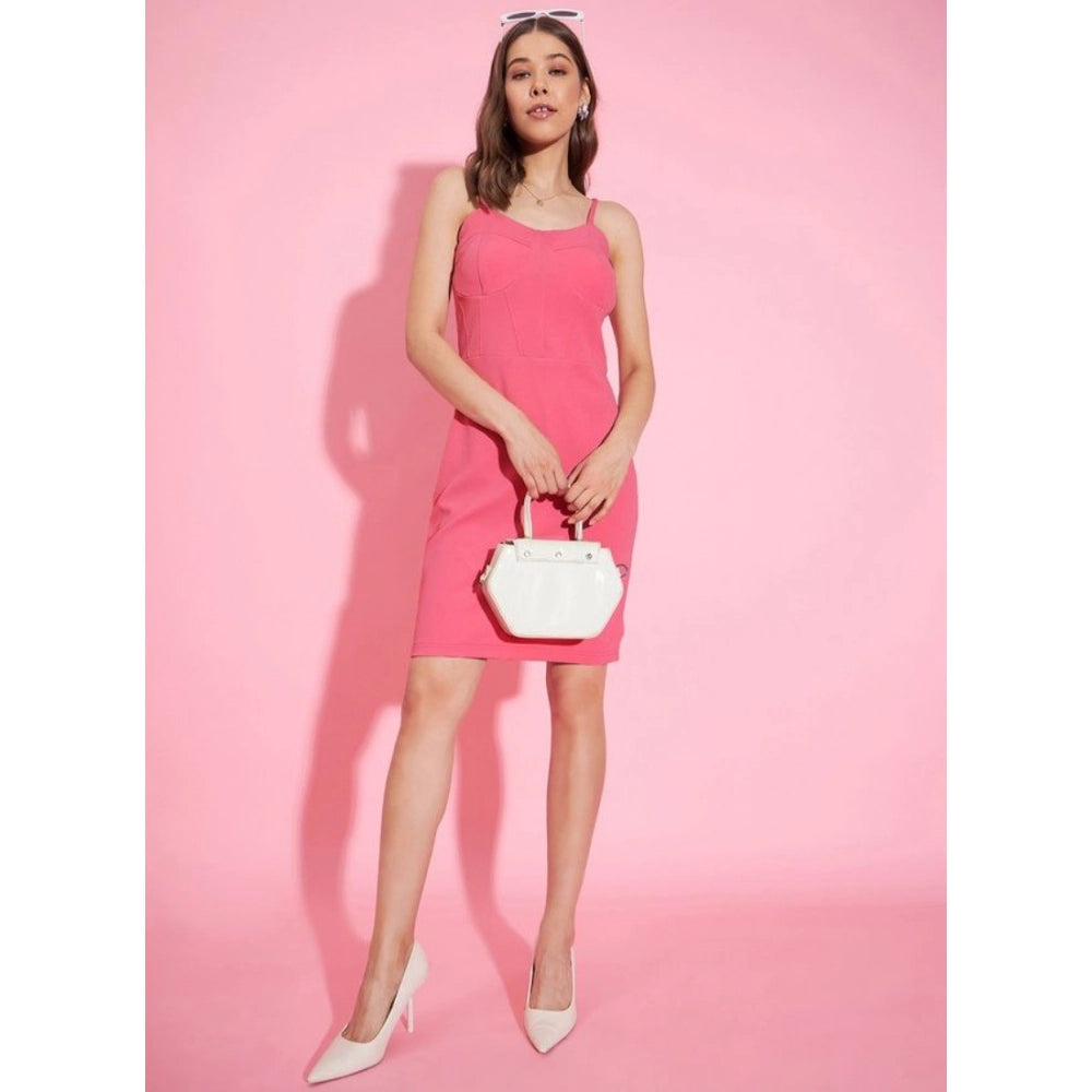 Women'S Polyester Lycra Solid Shoulder Straps Dress (Pink)