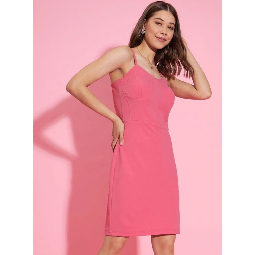 Women'S Polyester Lycra Solid Shoulder Straps Dress (Pink)