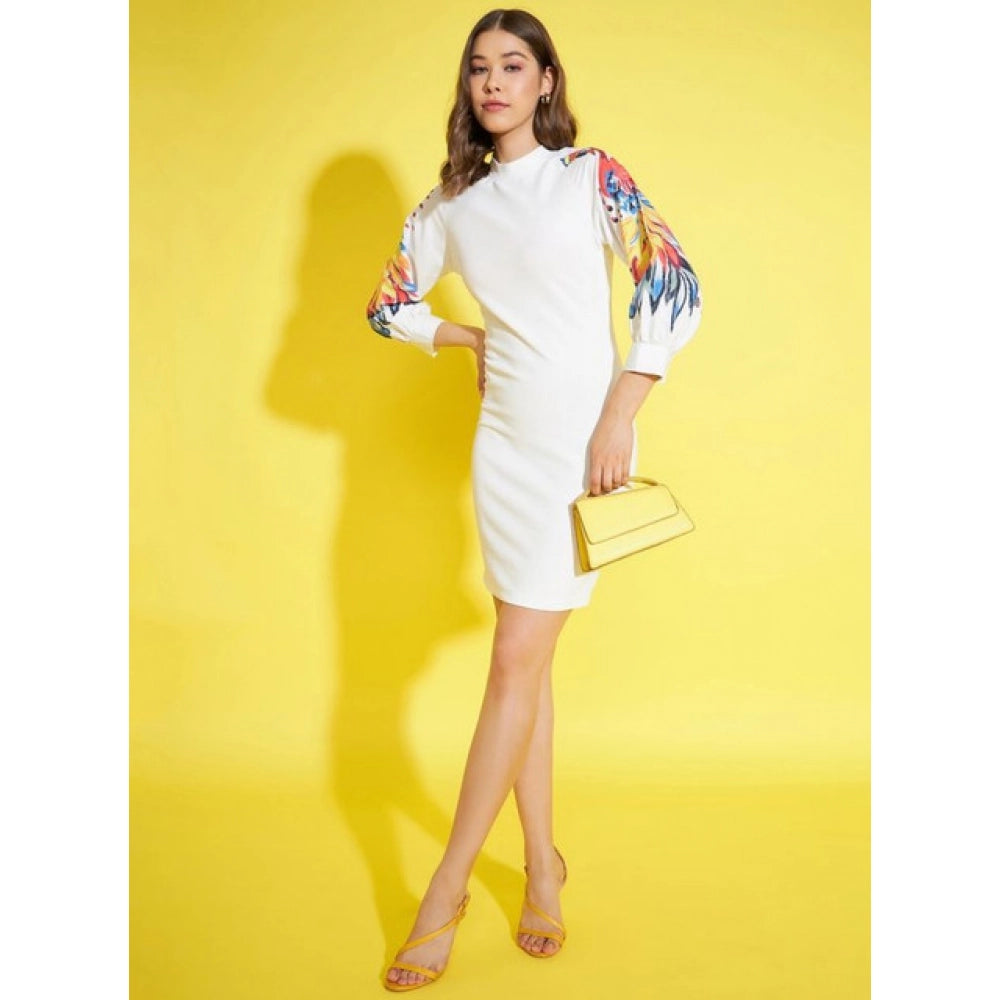 Women'S Polyester Lycra Printed Long Sleeve Dress (Multicolor)