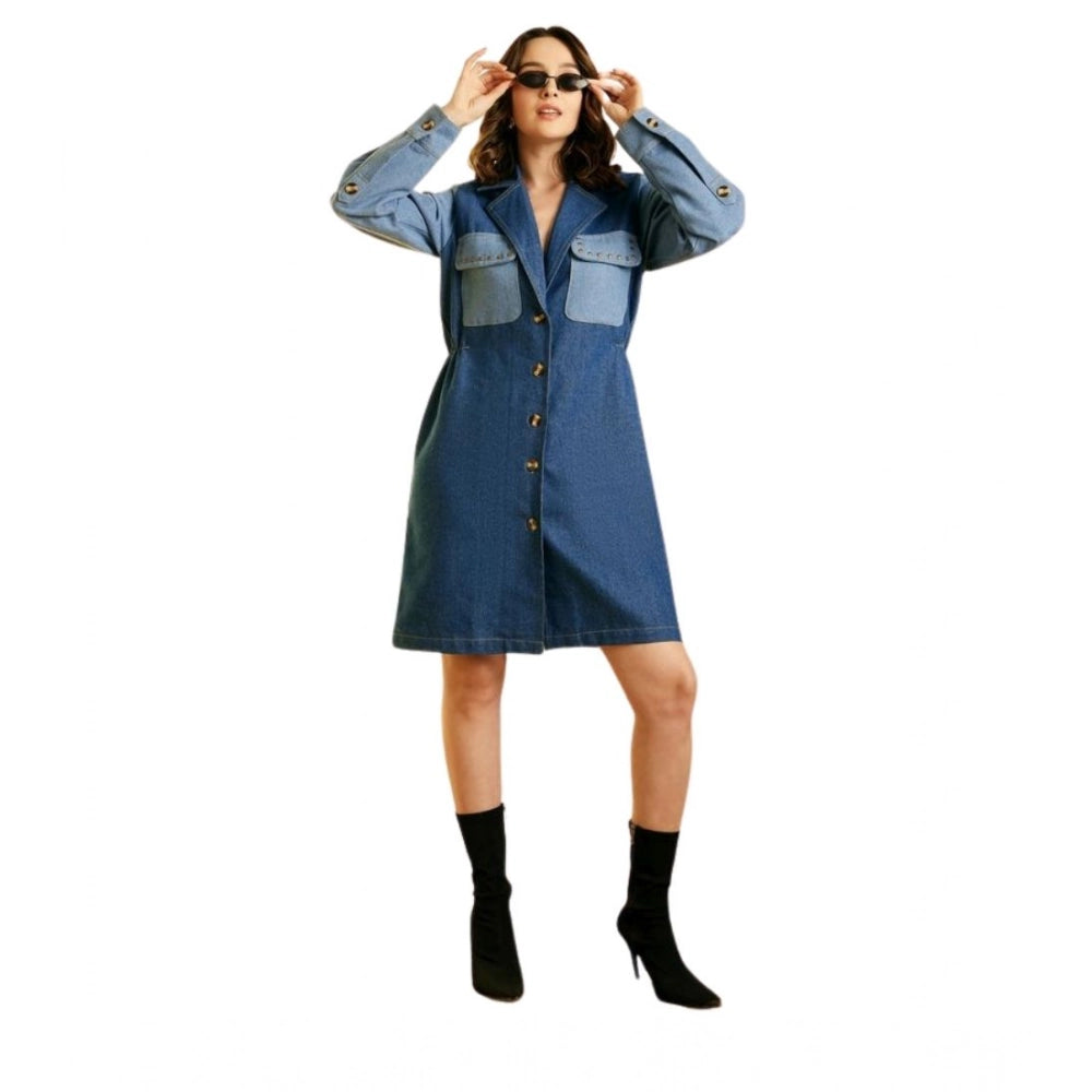 Women'S Denim Color Blocking Roll Up Dress (Blue)