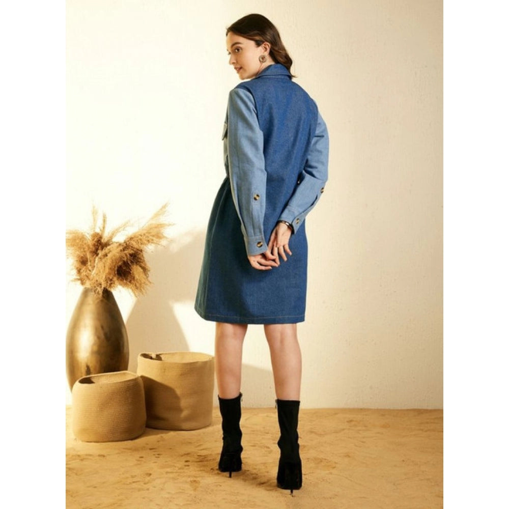 Women'S Denim Color Blocking Roll Up Dress (Blue)