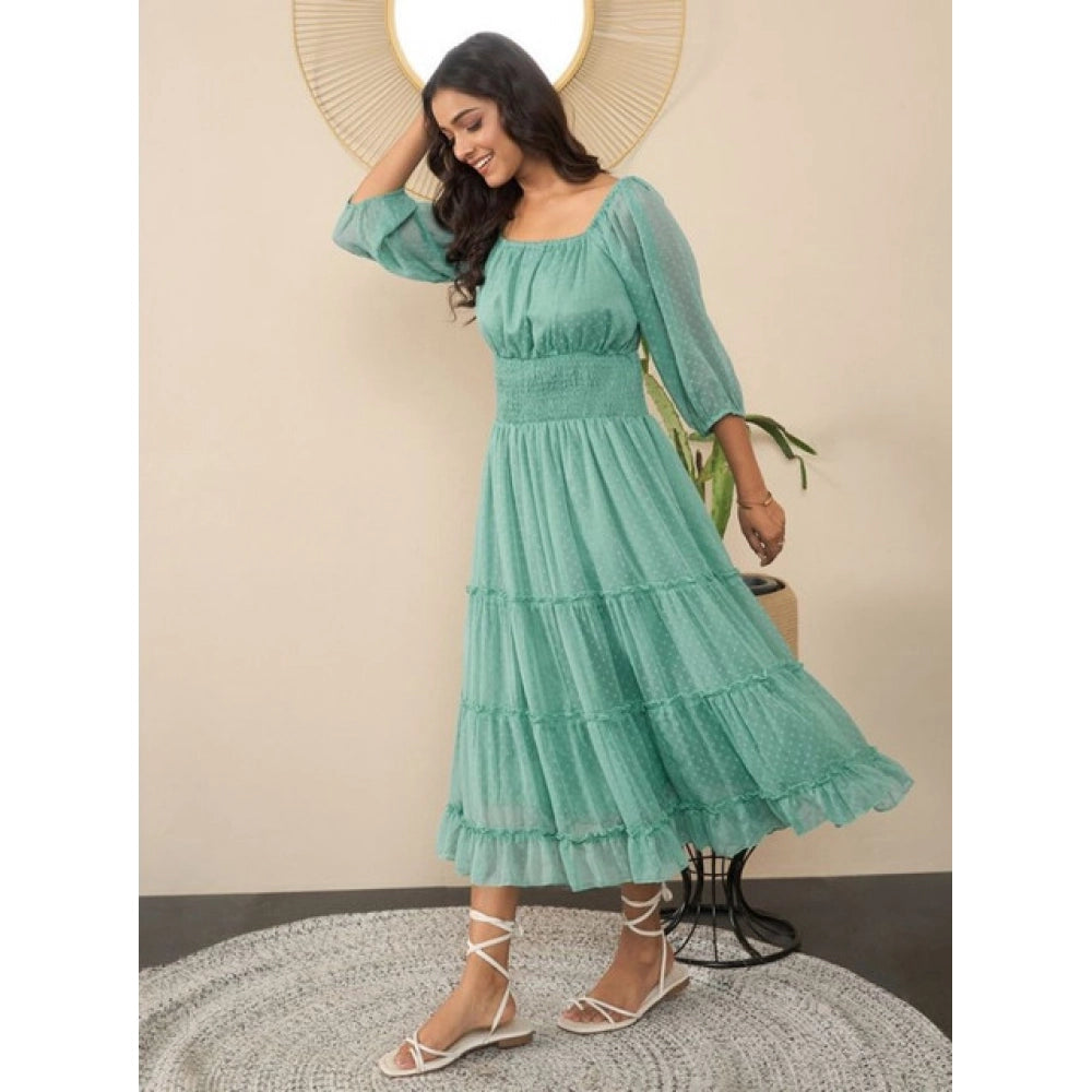 Women'S Chiffon Solid Puff Sleeve Dress (Green)