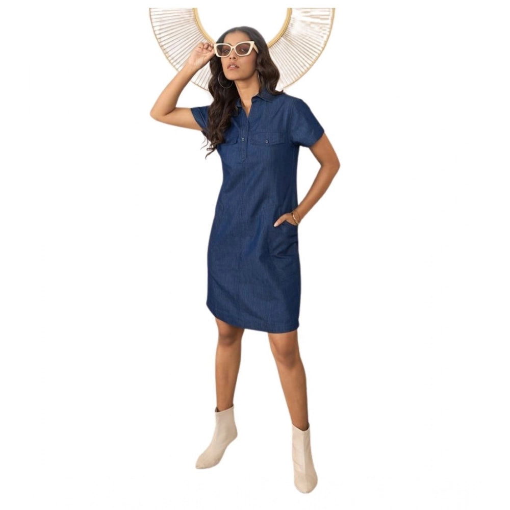 Women's Denim Solid Sleeveless Dress (Blue)