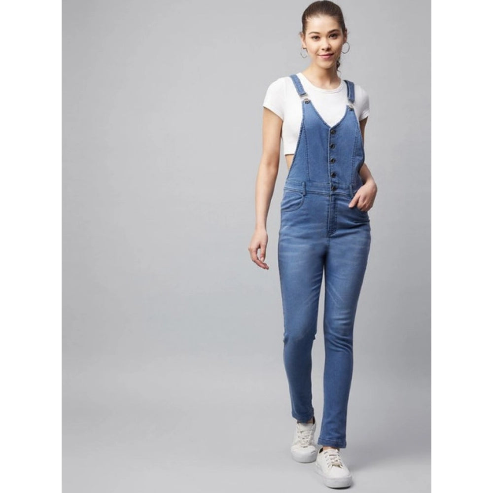 Women'S Denim Lycra Solid Buttoned Dungaree (Ice Blue)