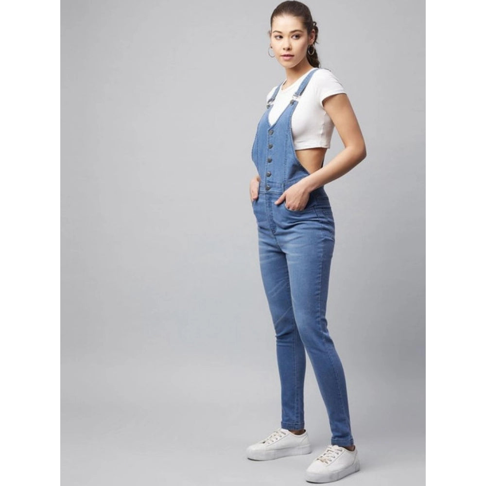 Women'S Denim Lycra Solid Buttoned Dungaree (Ice Blue)
