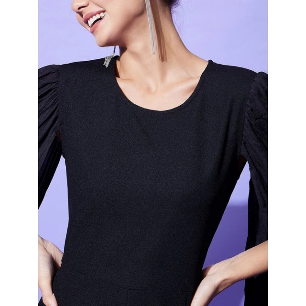 Women'S Polyeter Solid Cape Sleeve Jumpsuit (Black)