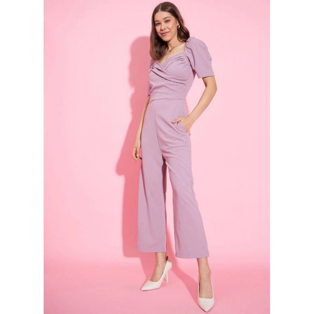 Women'S Polyester Lycra Solid Puff Sleeve Jumpsuit (Lavender)