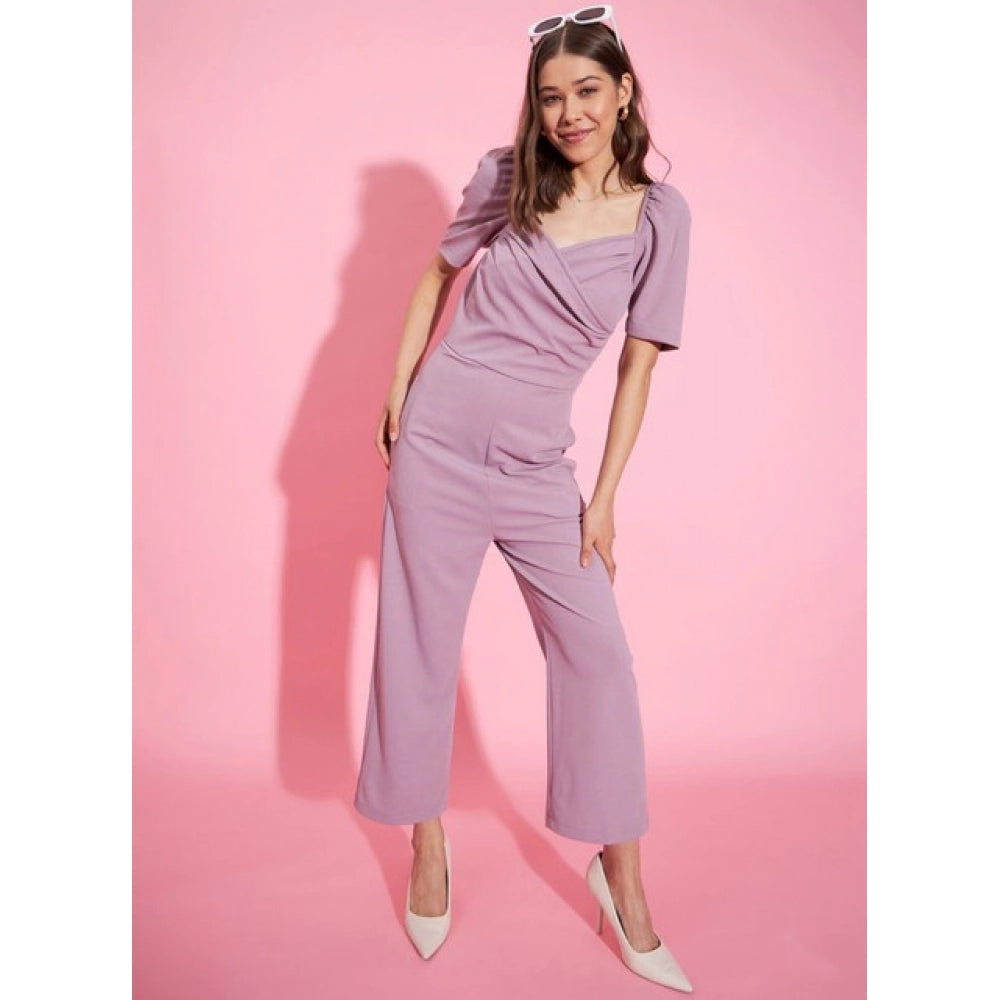 Women'S Polyester Lycra Solid Puff Sleeve Jumpsuit (Lavender)
