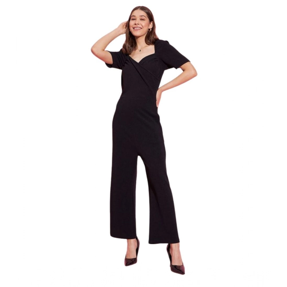 Women'S Polyester Lycra Solid Puff Sleeve Jumpsuit (Black)