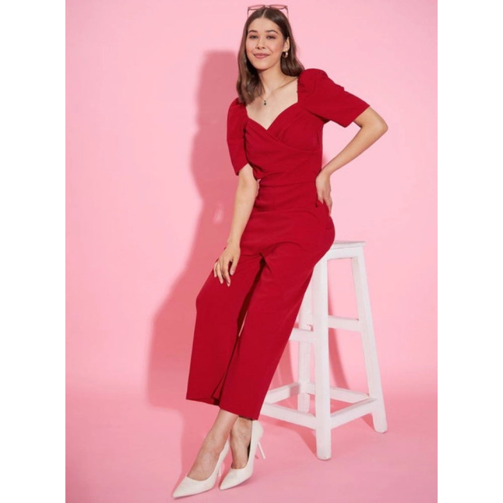Women'S Polyester Lycra Solid Puff Sleeve Jumpsuit (Red)