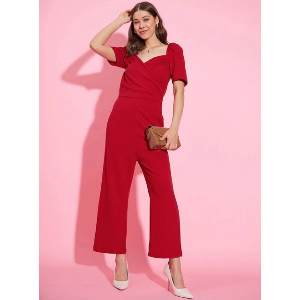 Women'S Polyester Lycra Solid Puff Sleeve Jumpsuit (Red)