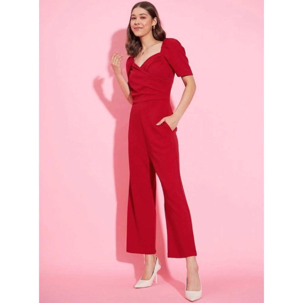 Women'S Polyester Lycra Solid Puff Sleeve Jumpsuit (Red)