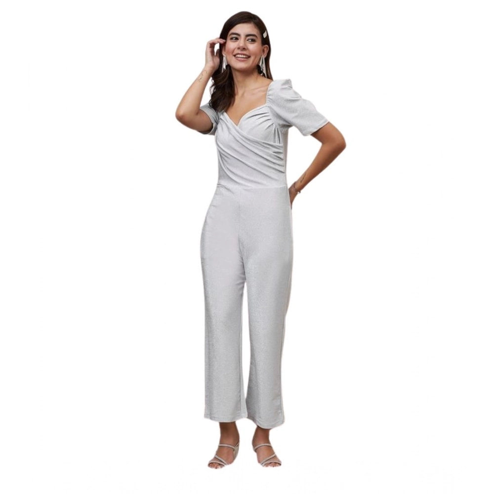 Women'S Polyester Shimmer Self Design Short Sleeve Jumpsuit (S