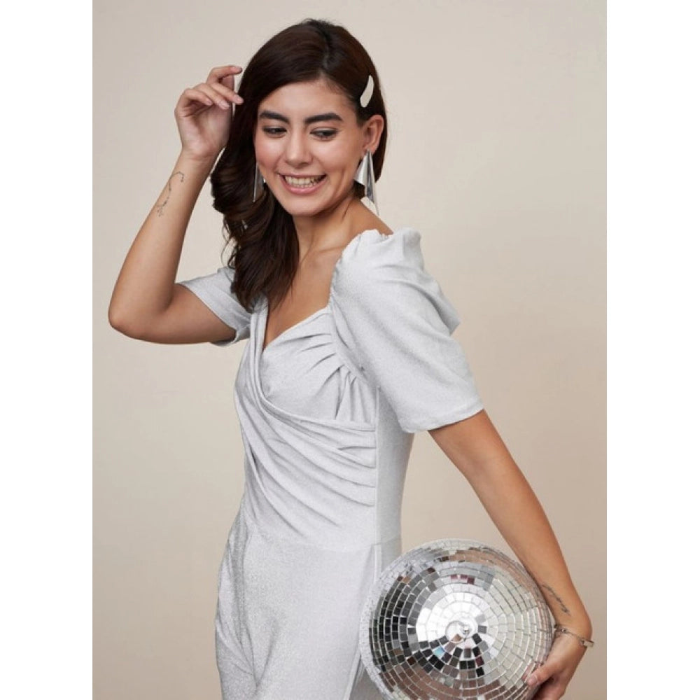 Women'S Polyester Shimmer Self Design Short Sleeve Jumpsuit (S