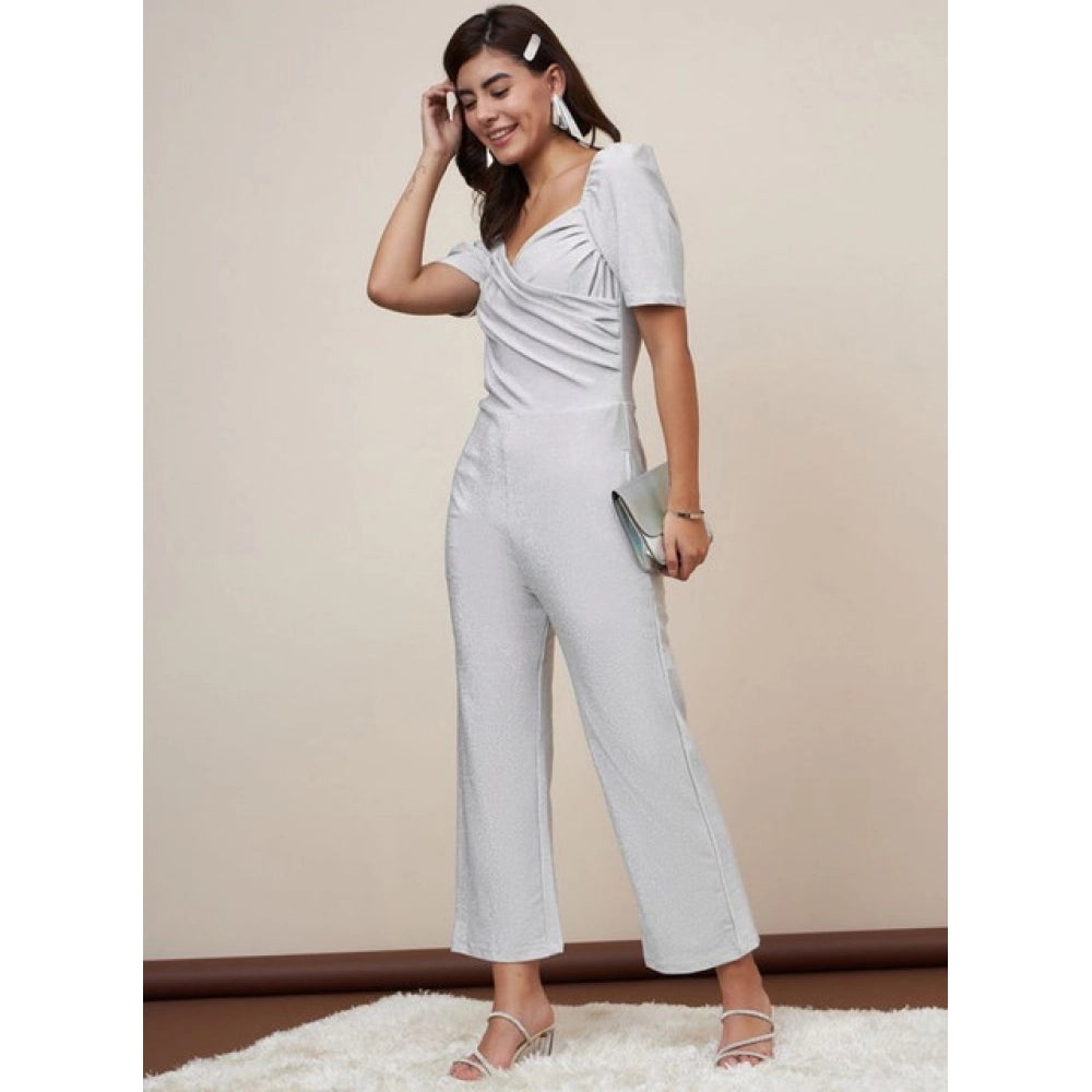 Women'S Polyester Shimmer Self Design Short Sleeve Jumpsuit (S