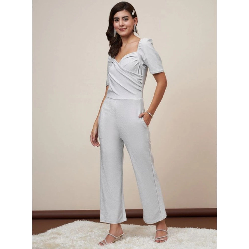 Women'S Polyester Shimmer Self Design Short Sleeve Jumpsuit (S
