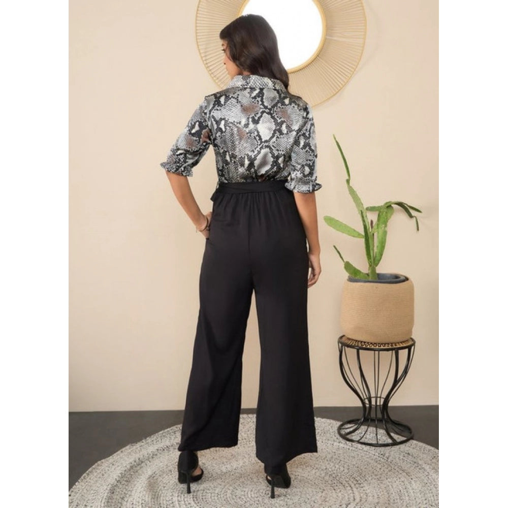 Women'S Satin And Polyester Floral Half Sleeves Jumpsuit (Grey