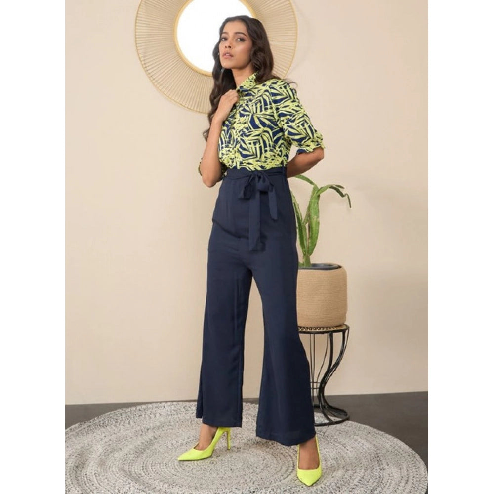 Women'S Polyester Floral Half Sleeves Jumpsuit (Navy - Yellow)