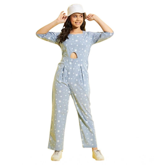 Girl'S Cotton Printed 3-4Th Sleeve Jumpsuit (Blue - White)