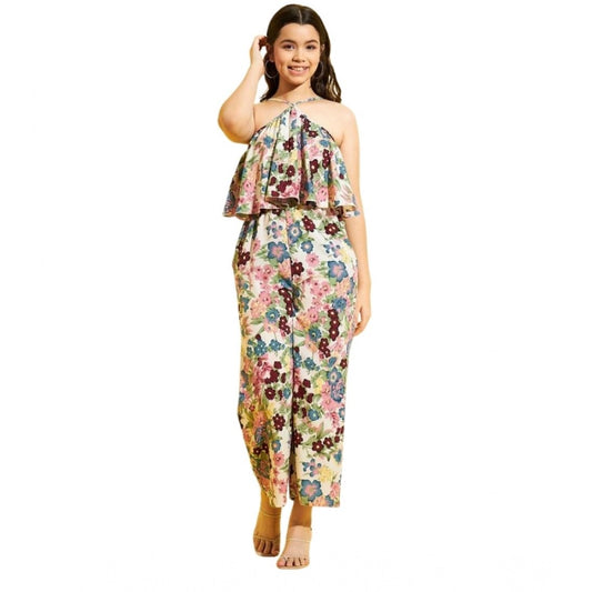Girl'S Polyester Crepe Floral Sleeveless Jumpsuit (Multicolor)