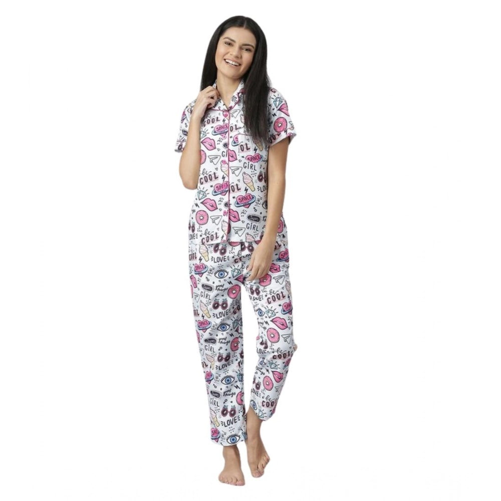Women'S Cotton Blend Printed Short Sleeve Night Suit (Multicol
